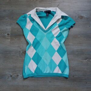 Y2K Collared Blue White Plaid Knit Schoolgirl Top